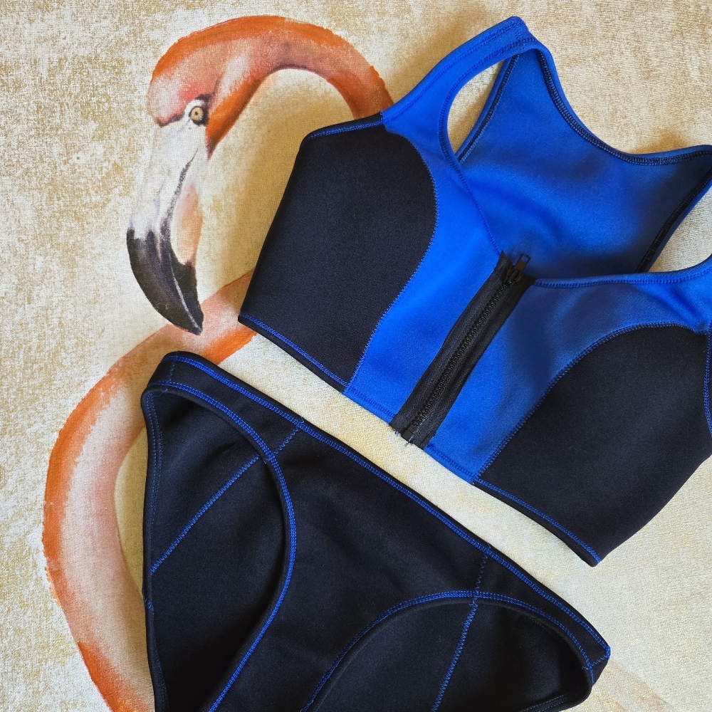 Xhilaration Neoprene Bikini Swim Wear Black Blue Scuba Two Piece Zipper